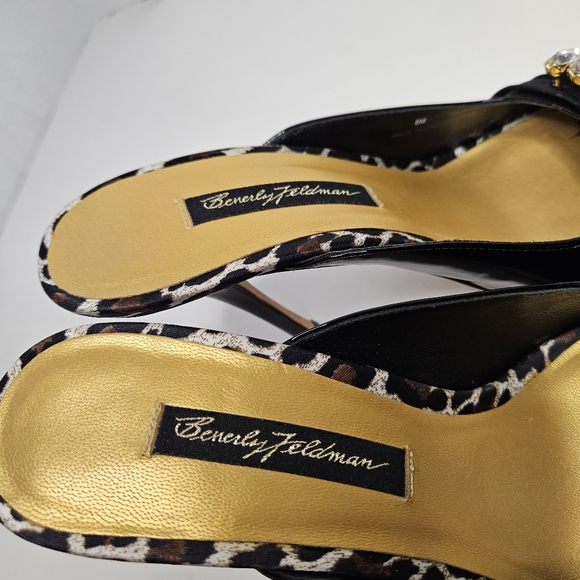 Beverly Feldman Black Peep Toe Heels Open Back 8M Rhinestones Kitten Heel - Picture 11 of 17